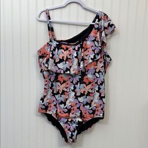 Time and Tru Women's Watercolor Splash Floral One-Shoulder Swimsuit One Piece